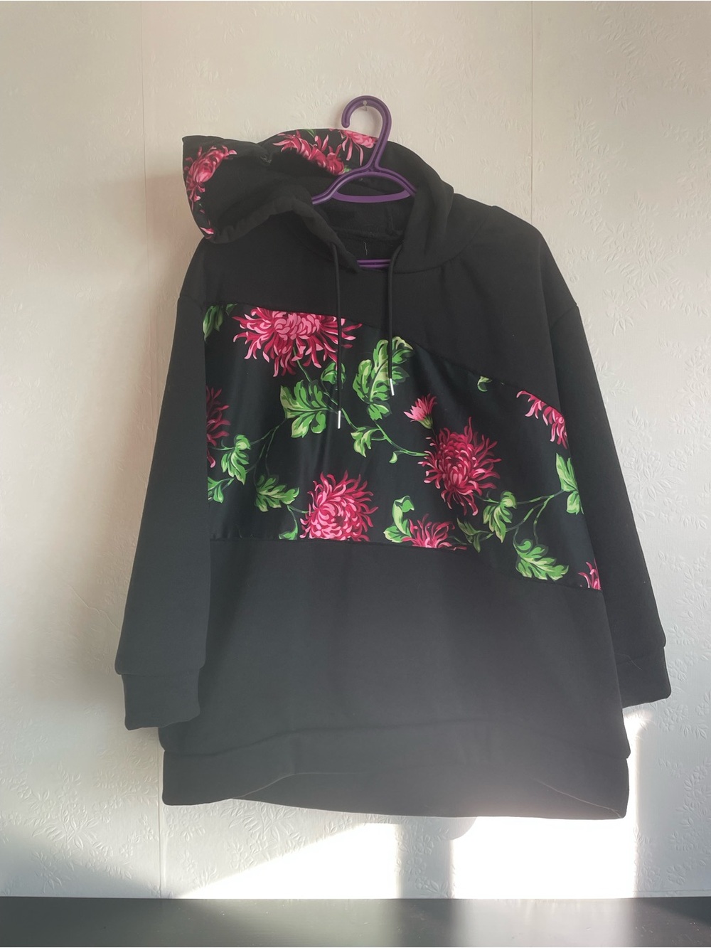 Upcycled Black Hoodie Sweater with Pink Floral Panel Handmade